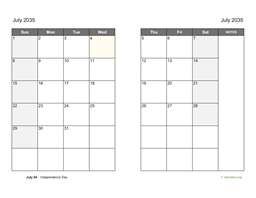 July 2035 Calendar on two pages