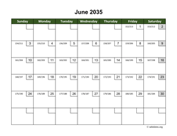 June 2035 Calendar with Day Numbers