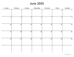 June 2035 Calendar with Bigger boxes