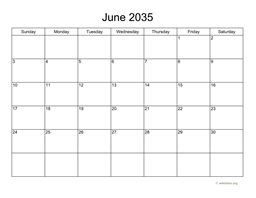 Basic Calendar for June 2035