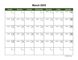 March 2035 Calendar with Day Numbers