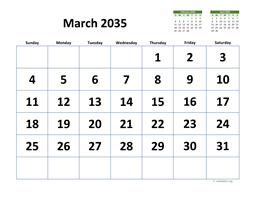 March 2035 Calendar with Extra-large Dates