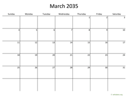 March 2035 Calendar with Bigger boxes