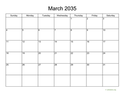 Basic Calendar for March 2035
