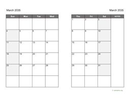 March 2035 Calendar on two pages
