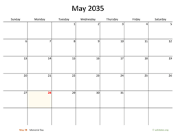 May 2035 Calendar with Bigger boxes