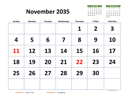 November 2035 Calendar with Extra-large Dates