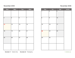 November 2035 Calendar on two pages