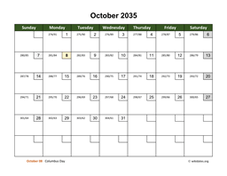 October 2035 Calendar with Day Numbers