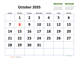 October 2035 Calendar with Extra-large Dates