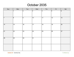 October 2035 Calendar with Weekend Shaded