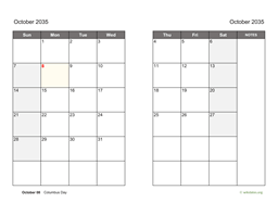 October 2035 Calendar on two pages
