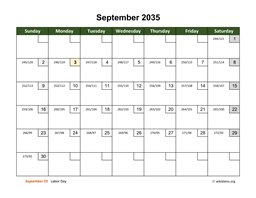 September 2035 Calendar with Day Numbers
