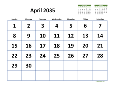April 2035 Calendar with Extra-large Dates