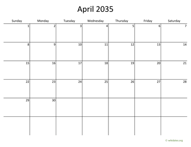 April 2035 Calendar with Bigger boxes