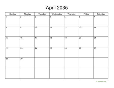 Basic Calendar for April 2035