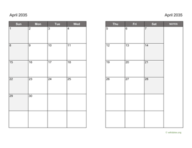 April 2035 Calendar on two pages