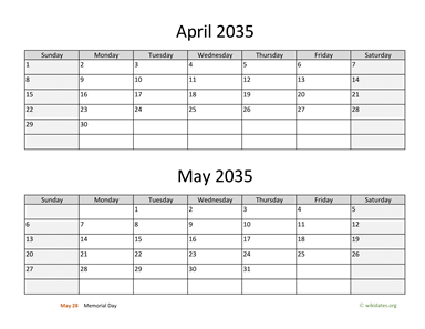 April and May 2035 Calendar Horizontal