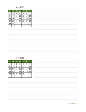 April and May 2035 Calendar with Notes