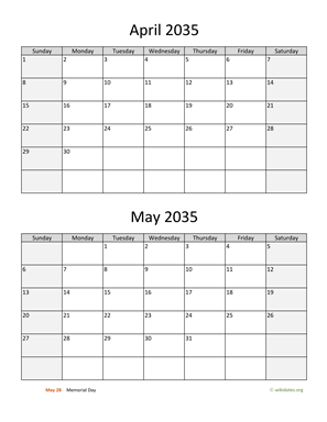 April and May 2035 Calendar Vertical