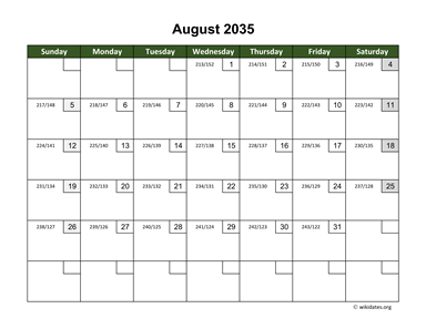 August 2035 Calendar with Day Numbers
