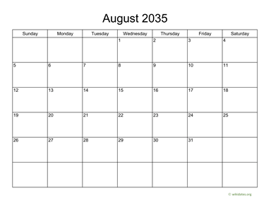Basic Calendar for August 2035