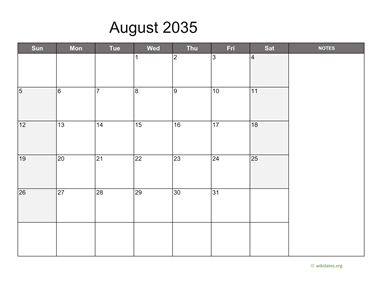 August 2035 Calendar with Notes