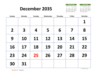 December 2035 Calendar with Extra-large Dates