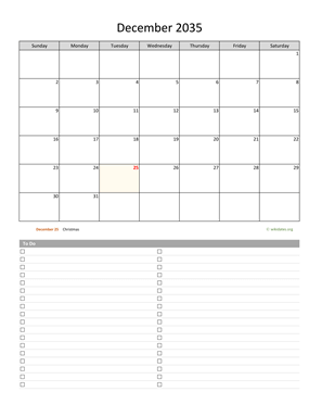 December 2035 Calendar with To-Do List
