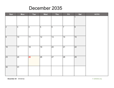 December 2035 Calendar with Notes