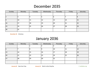 December 2035 and January 2036 Calendar Horizontal