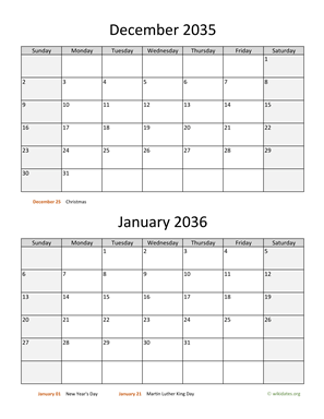 December 2035 and January 2036 Calendar Vertical