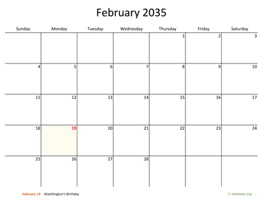 February 2035 Calendar with Bigger boxes