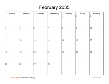 Basic Calendar for February 2035