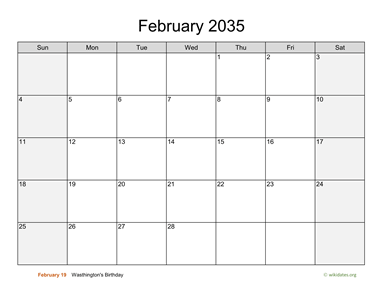 February 2035 Calendar with Weekend Shaded
