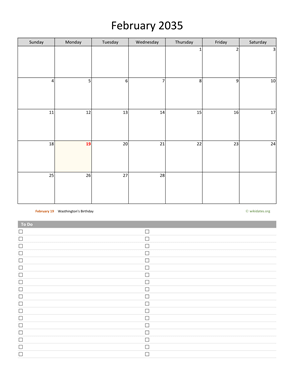 February 2035 Calendar with To-Do List