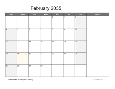 February 2035 Calendar with Notes