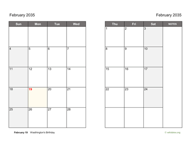 February 2035 Calendar on two pages