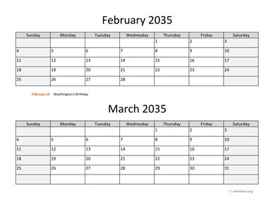 February and March 2035 Calendar Horizontal