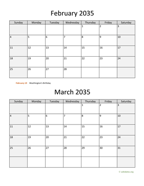 February and March 2035 Calendar Vertical