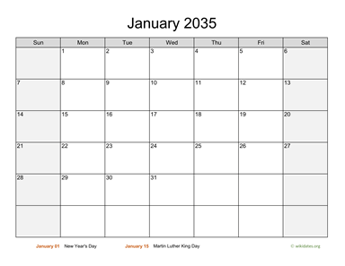 January 2035 Calendar with Weekend Shaded