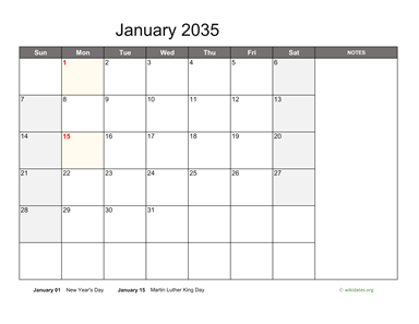 January 2035 Calendar with Notes
