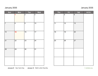 January 2035 Calendar on two pages