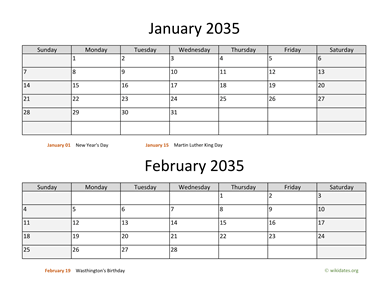 January and February 2035 Calendar Horizontal