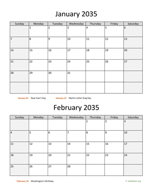 January and February 2035 Calendar Vertical