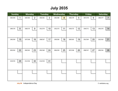 July 2035 Calendar with Day Numbers