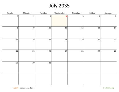 July 2035 Calendar with Bigger boxes