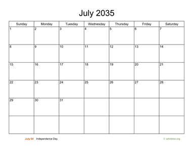Basic Calendar for July 2035