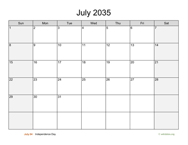 July 2035 Calendar with Weekend Shaded