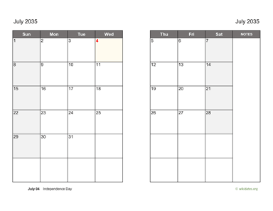 July 2035 Calendar on two pages